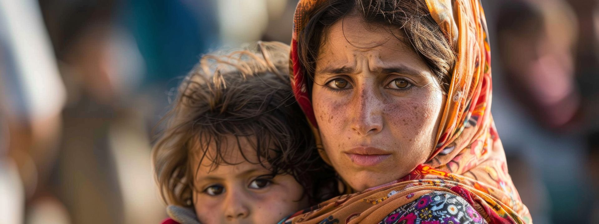 Woman refugee holding child looking directly into camera