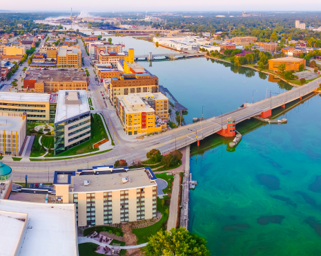drone shot of green bay and fox river by KI center