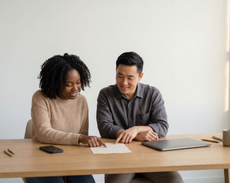 a woman and a man sitting down next to each other looking at a paper