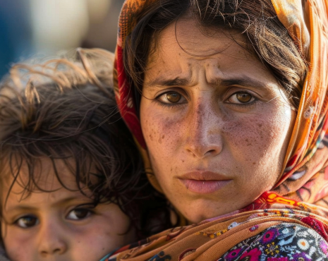 refugee and child looking into camera